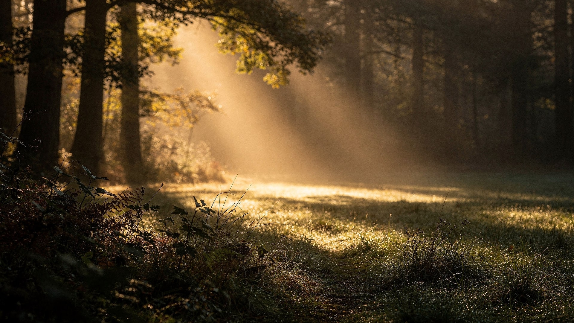 Nebelwald mit Lichtstrahlen bei Sonnenaufgang – Atem, Ruhe, Erdung